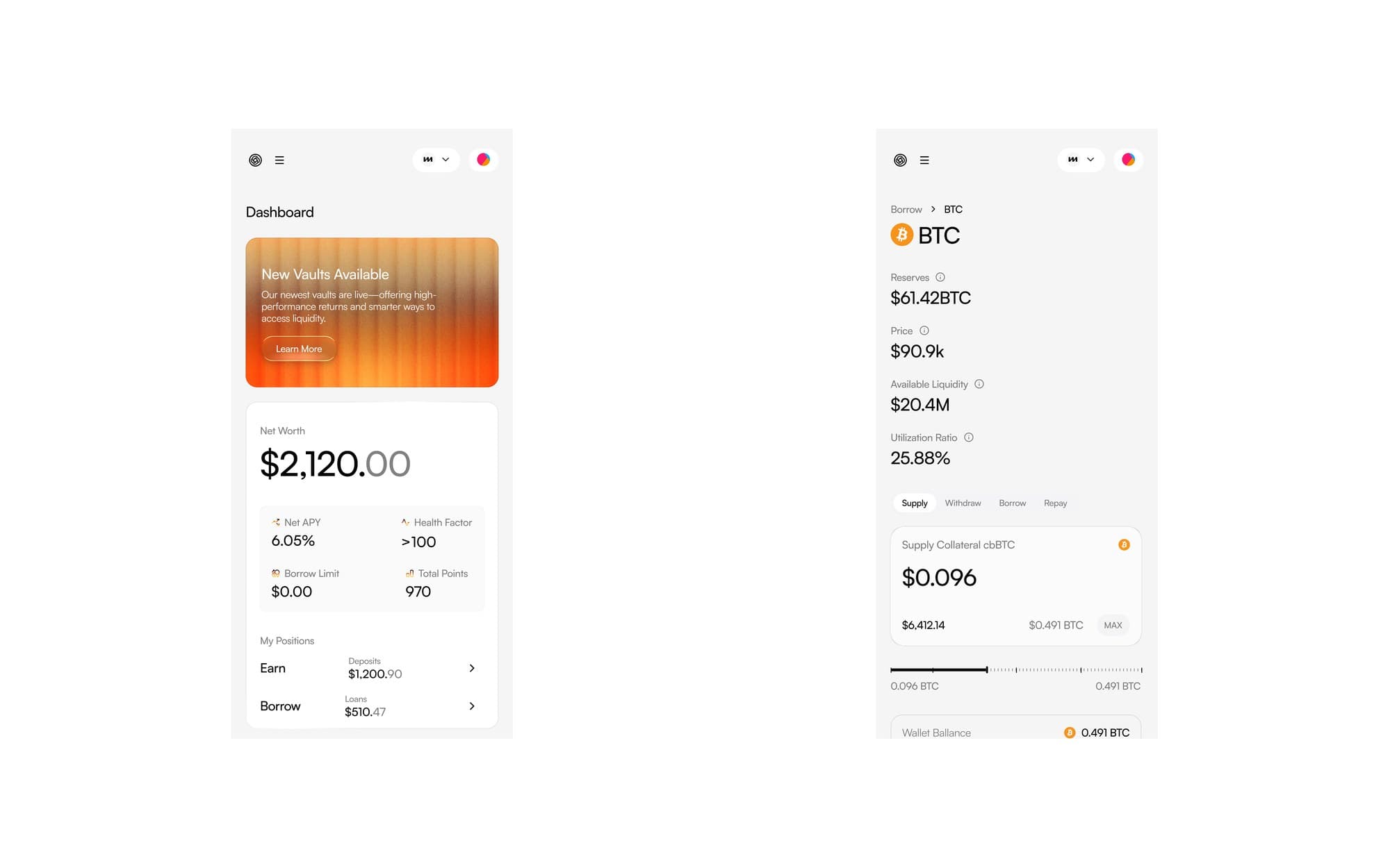 Helios mobile app: the dashboard with net worth and positions, and the BTC borrow screen
