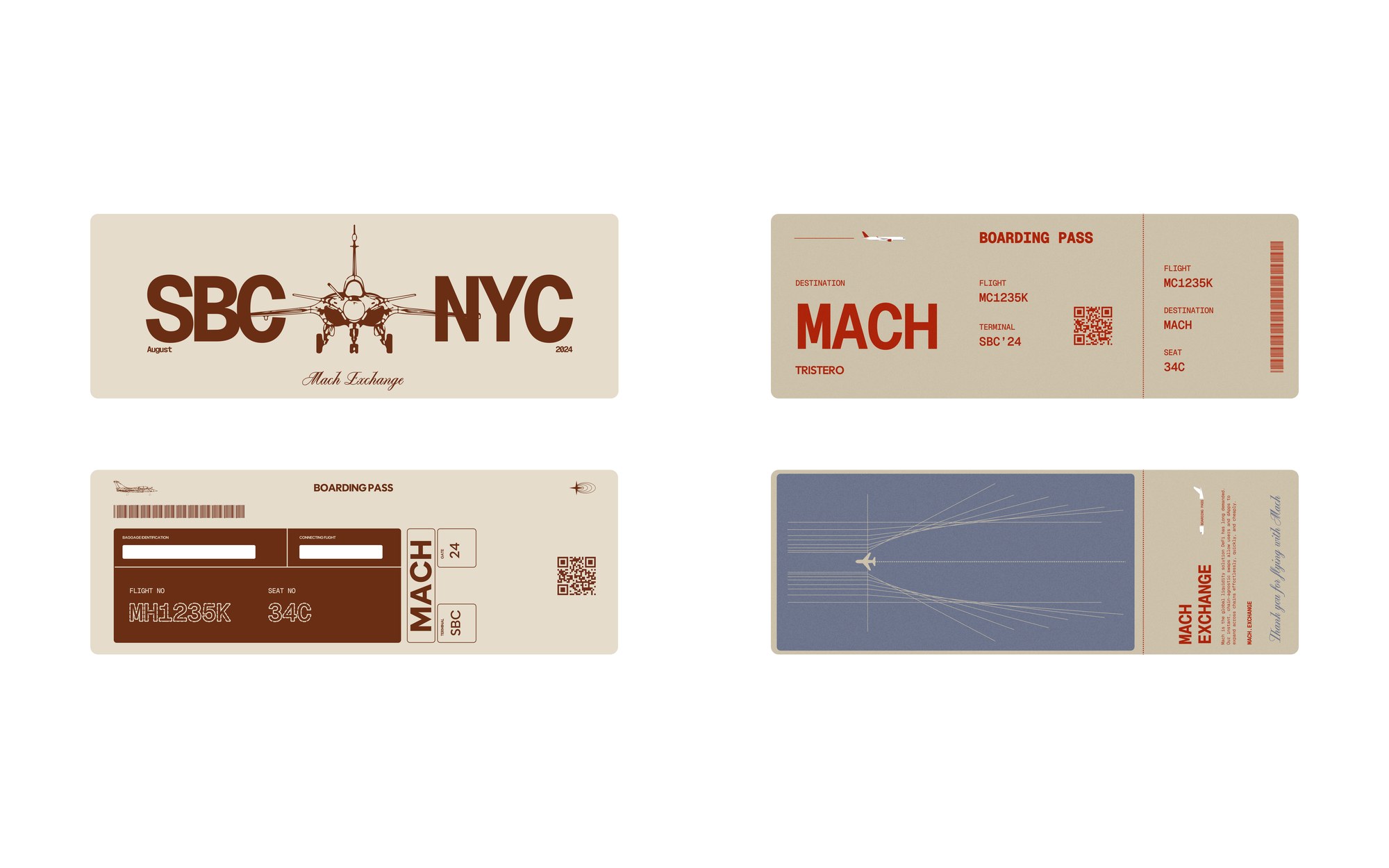 Mach Exchange travel collateral — SBC to NYC boarding passes and ticket stubs
