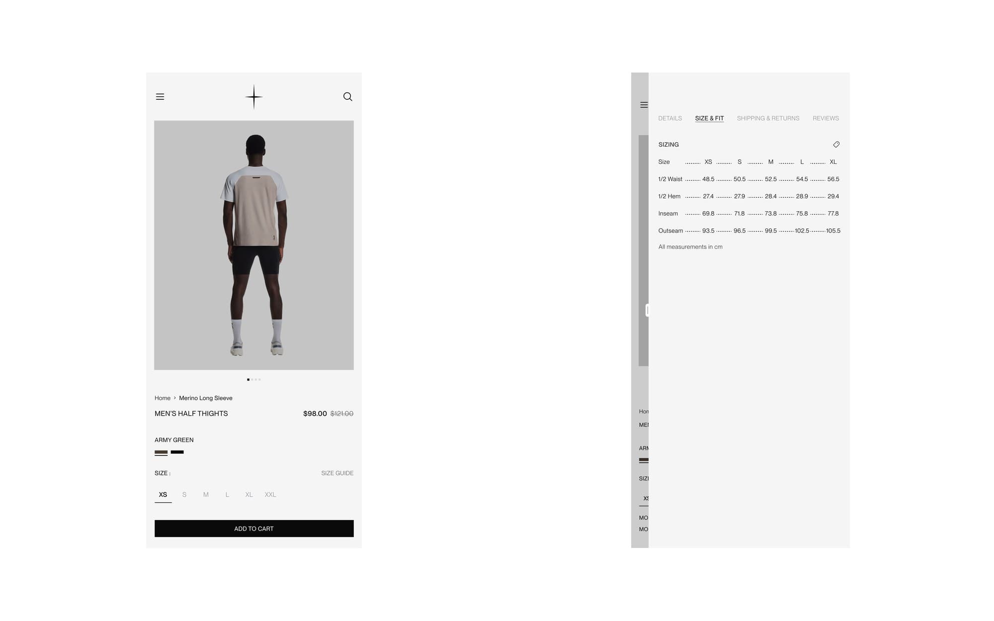 Apparel storefront: a product page and the size and fit guide panel